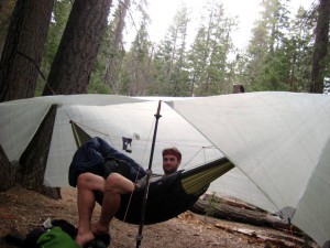 Relaxing under the tarp in 'porch' mode. Little Yosemite Valley